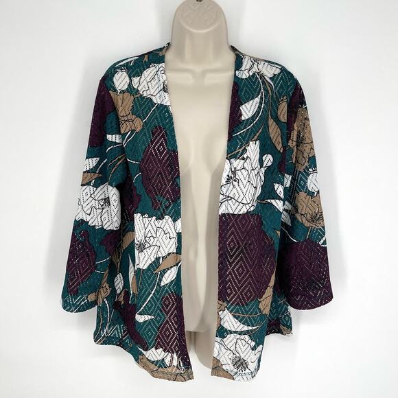 Alfred Dunner Open Front Sheer Floral Top Cardigan Size S Burgundy Green White - Picture 1 of 9